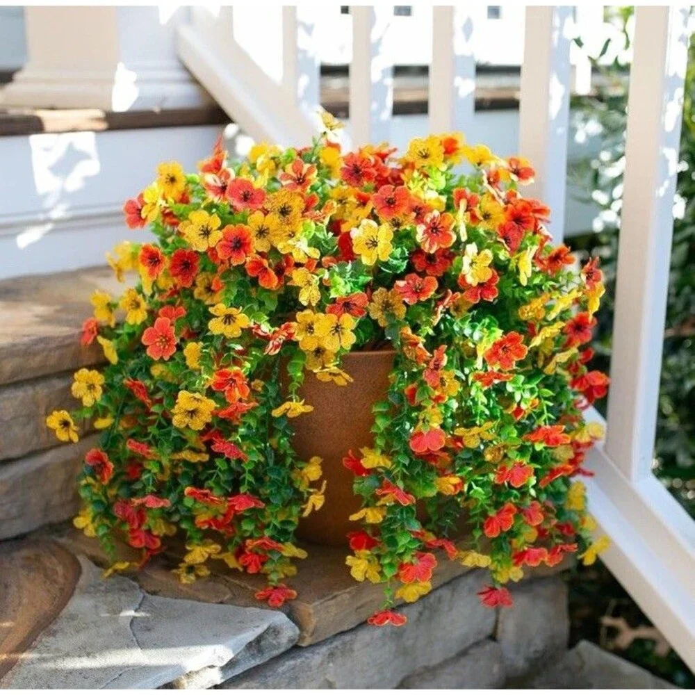 6pcs Artificial Flowers Plastic Hanging Plants Outdoor Porch Yellow & Orange